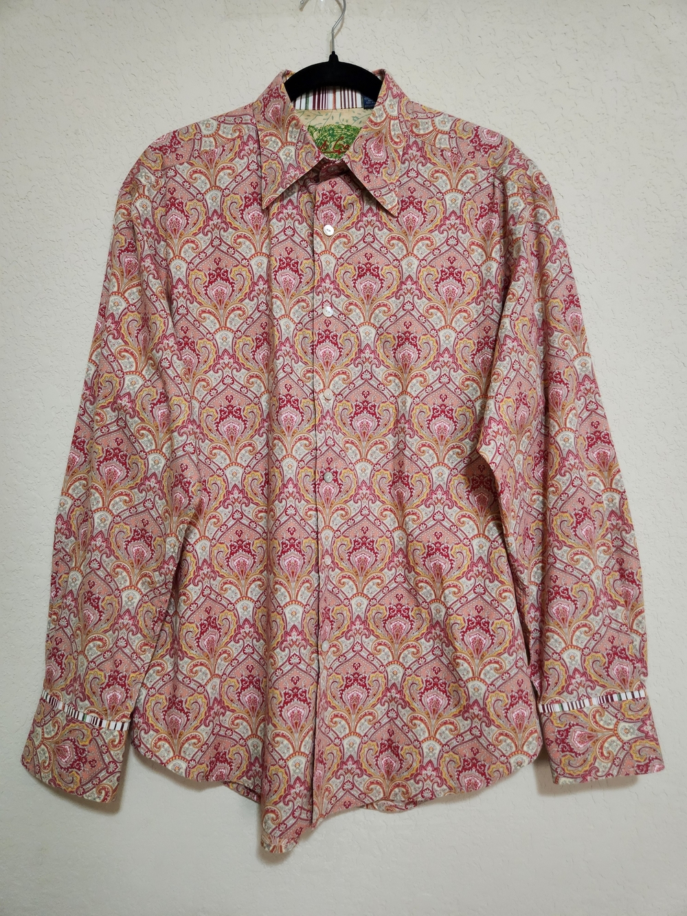 Robert Graham Pink/Coral Ornate Paisley Motif Long-Sleeve Dress Shirt Size Large